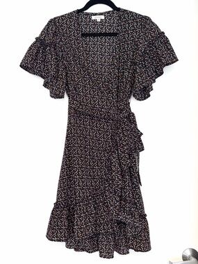Max Studio Black Floral Wrap Dress Ruffle Sleeve Tie Waist Size XS NWOT